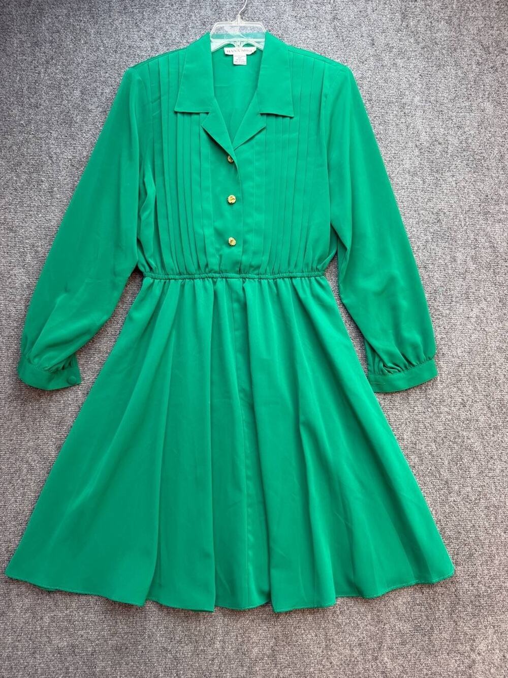 Vintage Hana Sung Green Pleated Dress Women’s 12P Long Sleeve 37 in